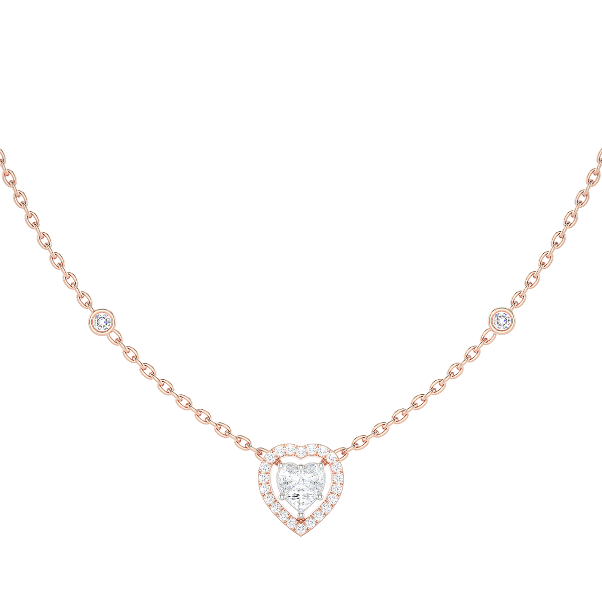 Heart Diamond Cluster Halo Necklace with Diamond Stations