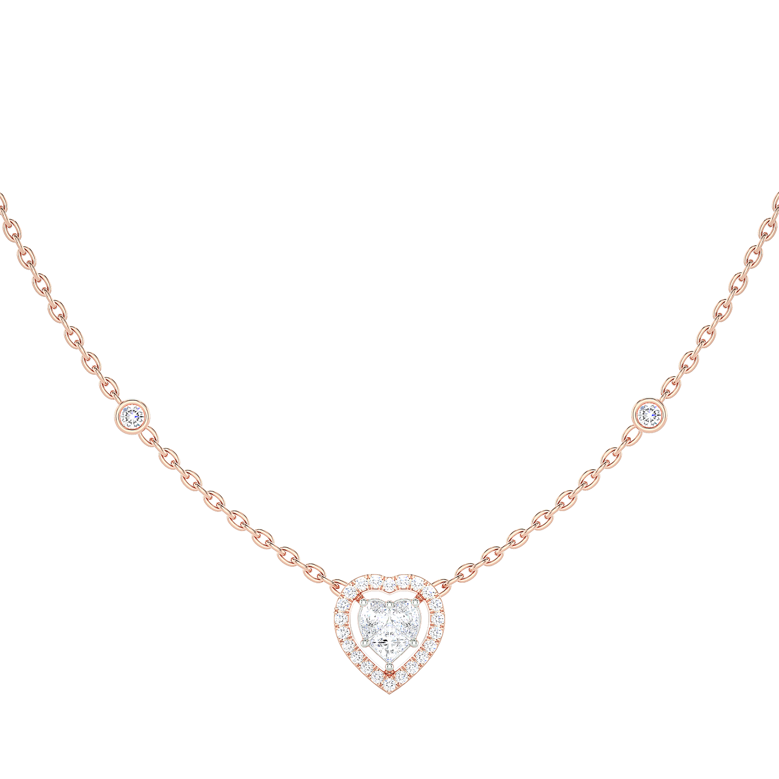 Heart Diamond Cluster Halo Necklace with Diamond Stations