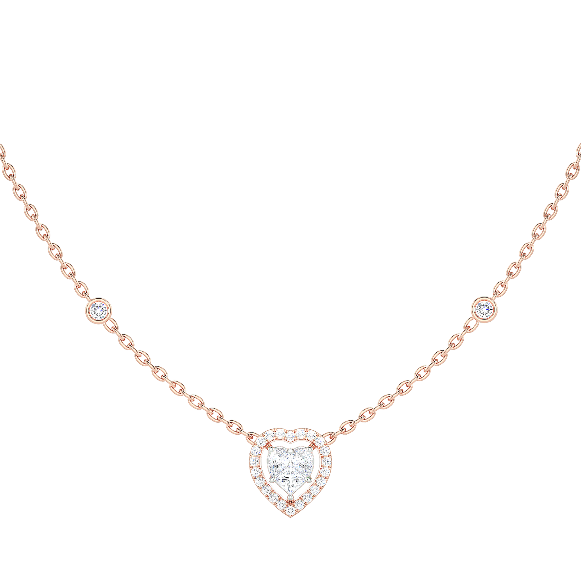 Heart Diamond Cluster Halo Necklace with Diamond Stations