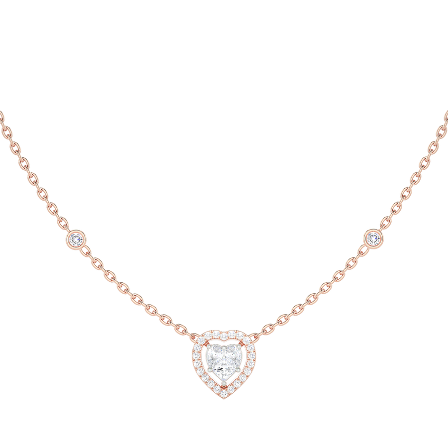 Heart Diamond Cluster Halo Necklace with Diamond Stations