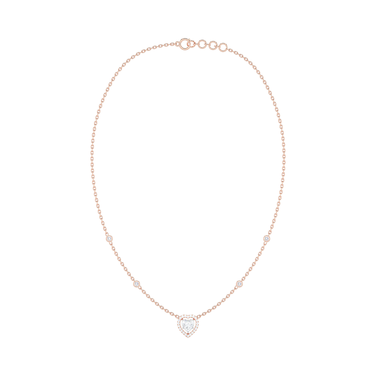 Heart Diamond Cluster Halo Necklace with Diamond Stations