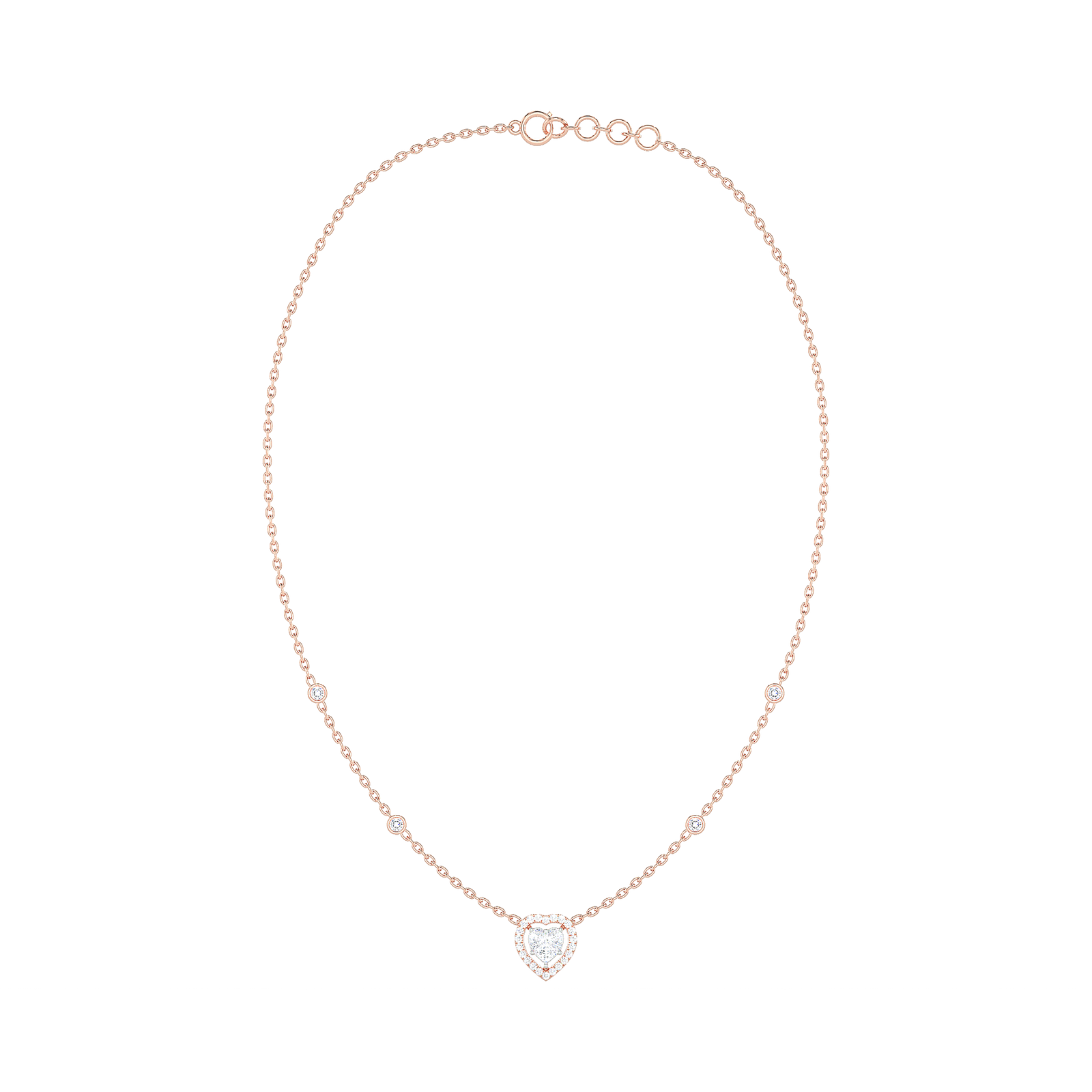 Heart Diamond Cluster Halo Necklace with Diamond Stations