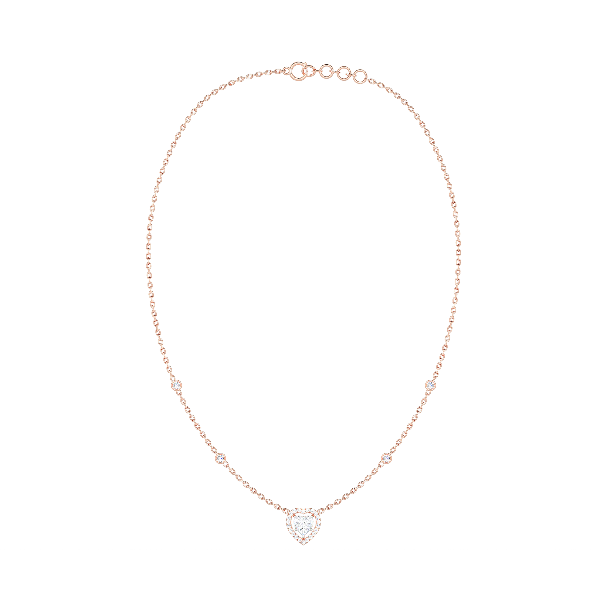 Heart Diamond Cluster Halo Necklace with Diamond Stations