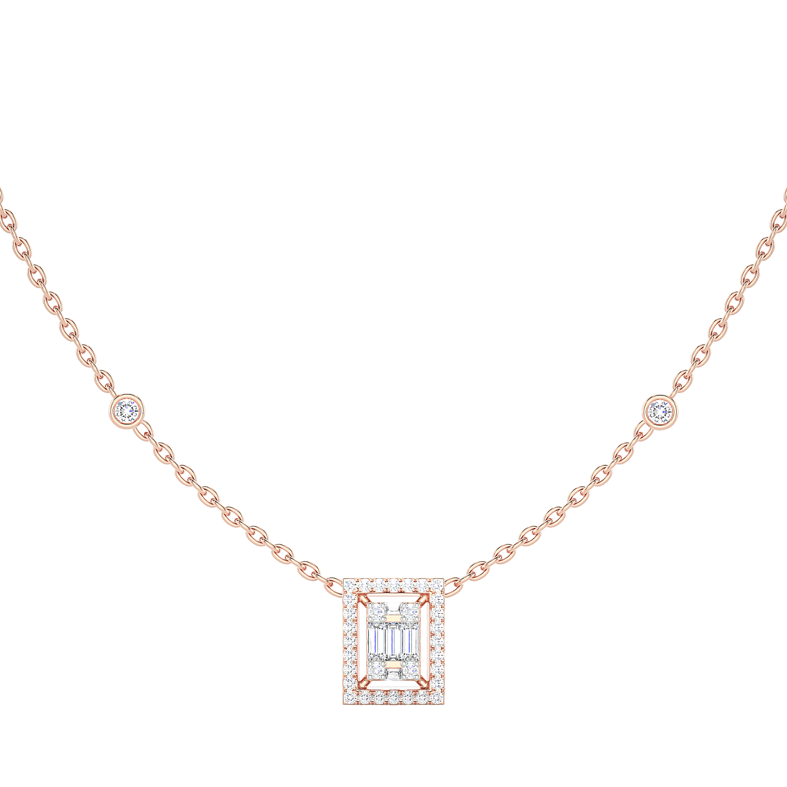 Baguette Diamond Rectangle Halo Necklace with Diamond Stations