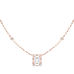 Baguette Diamond Rectangle Halo Necklace with Diamond Stations