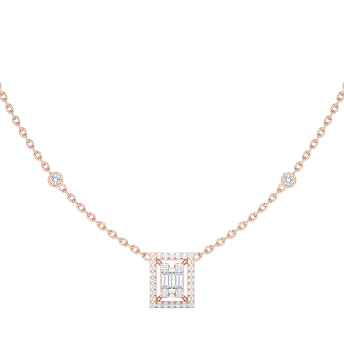 Baguette Diamond Rectangle Halo Necklace with Diamond Stations