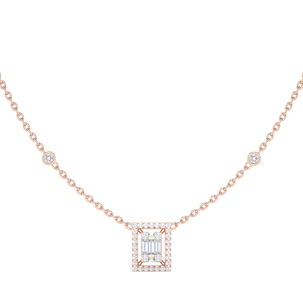 Baguette Diamond Rectangle Halo Necklace with Diamond Stations