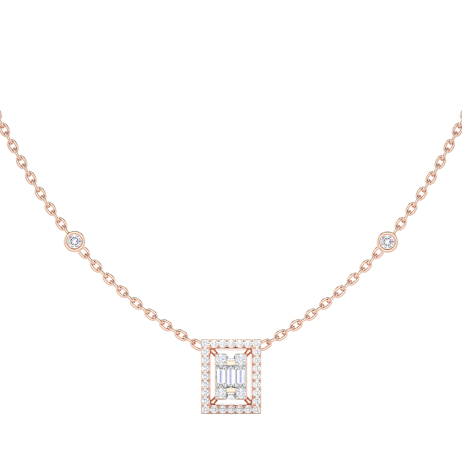 Baguette Diamond Rectangle Halo Necklace with Diamond Stations