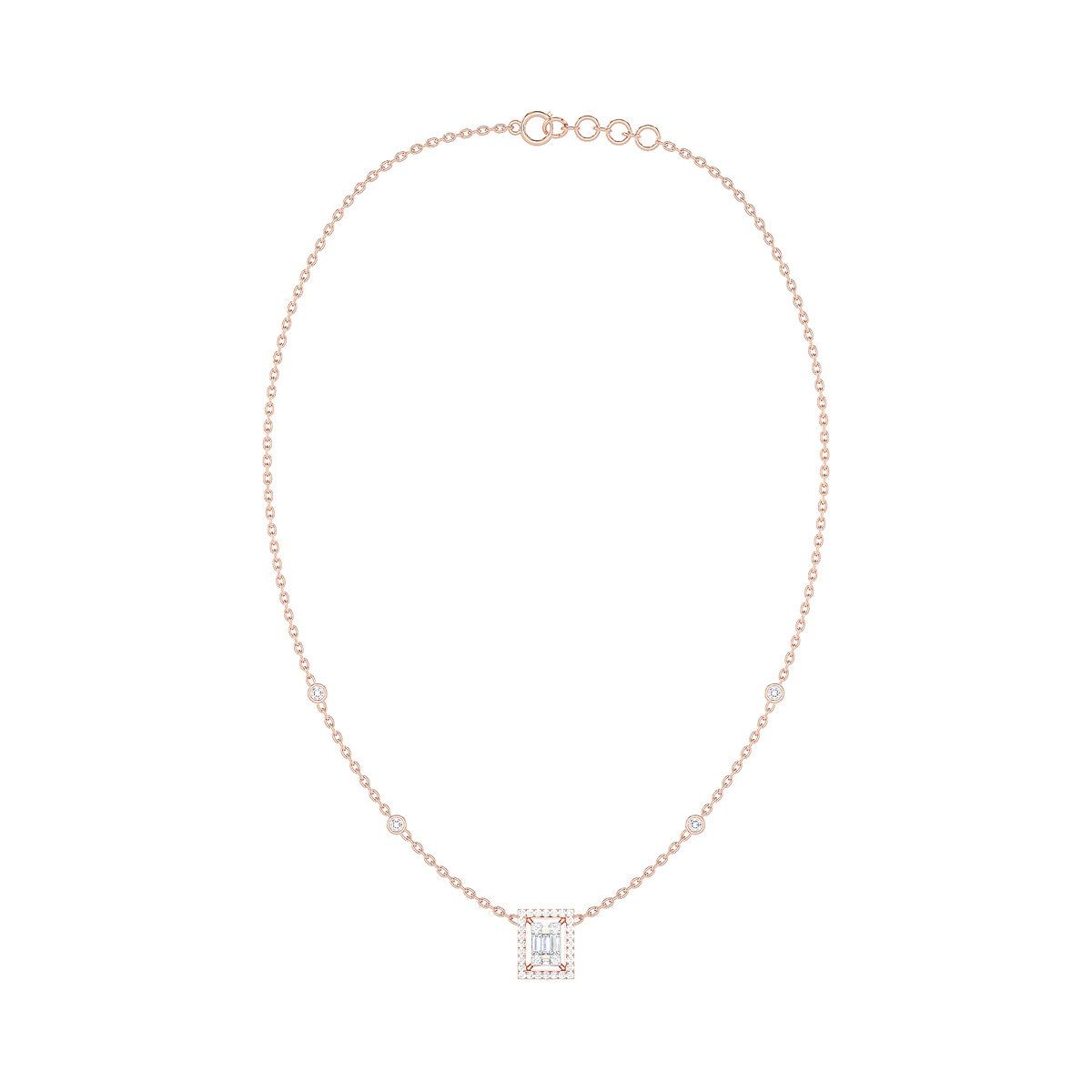 Baguette Diamond Rectangle Halo Necklace with Diamond Stations