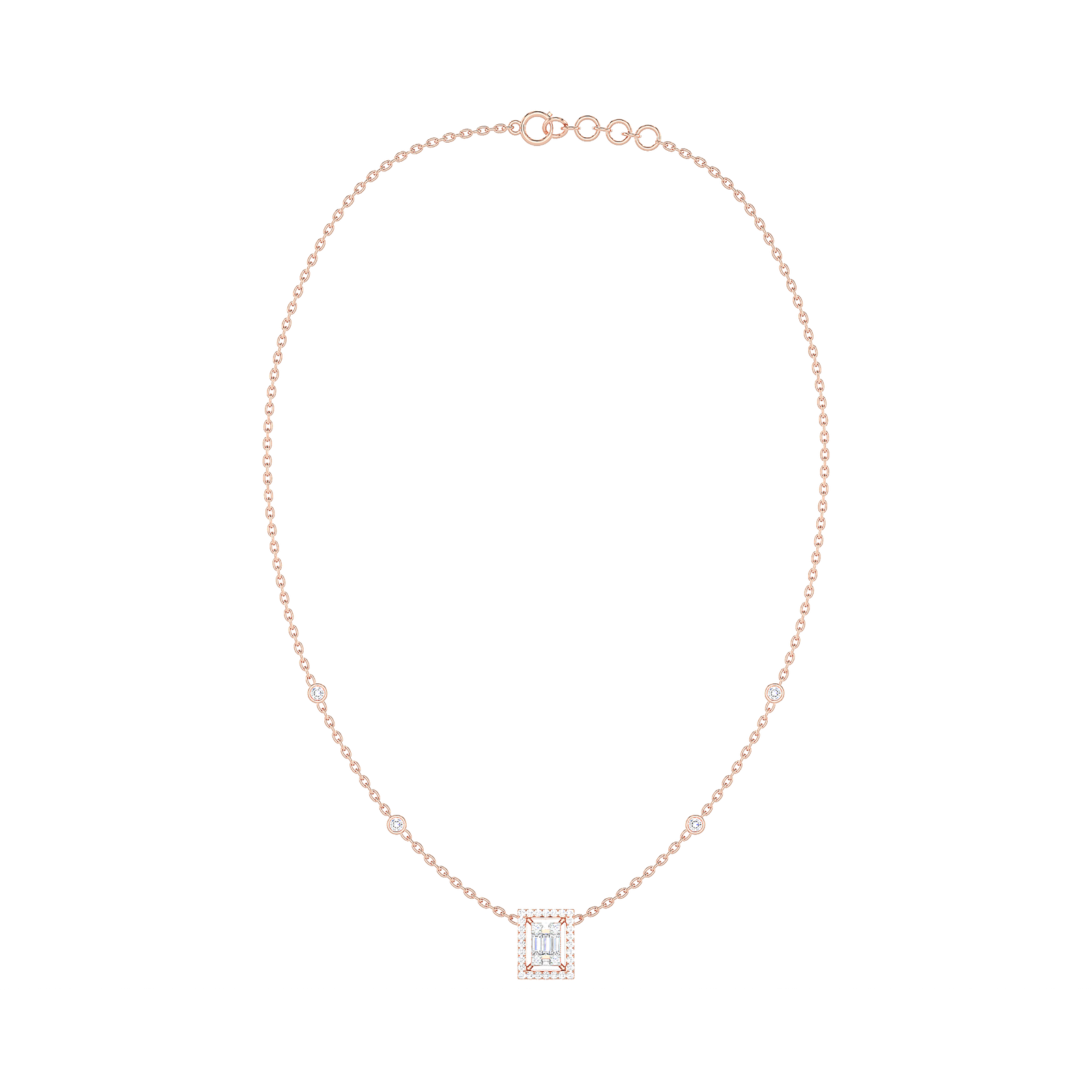 Baguette Diamond Rectangle Halo Necklace with Diamond Stations