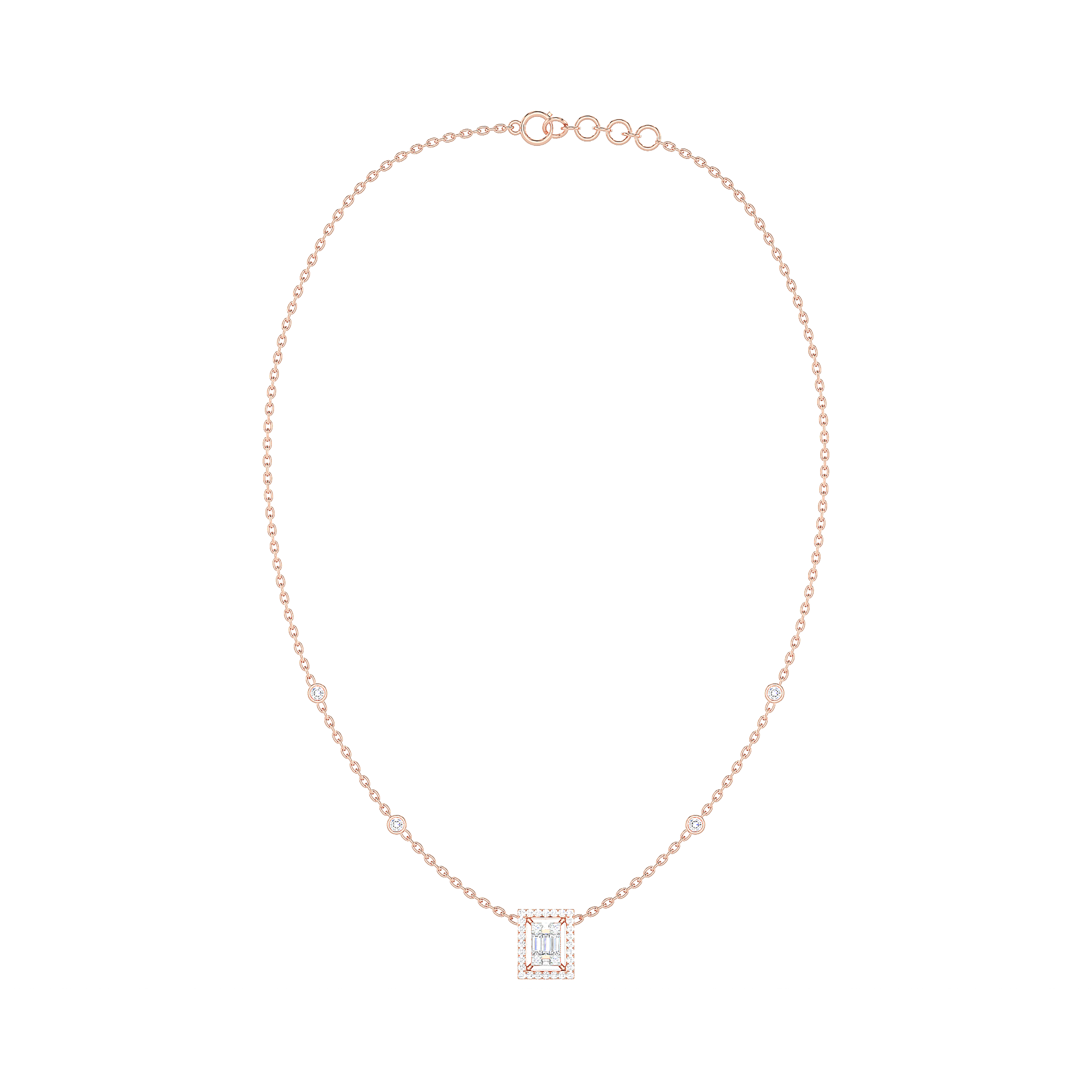 Baguette Diamond Rectangle Halo Necklace with Diamond Stations