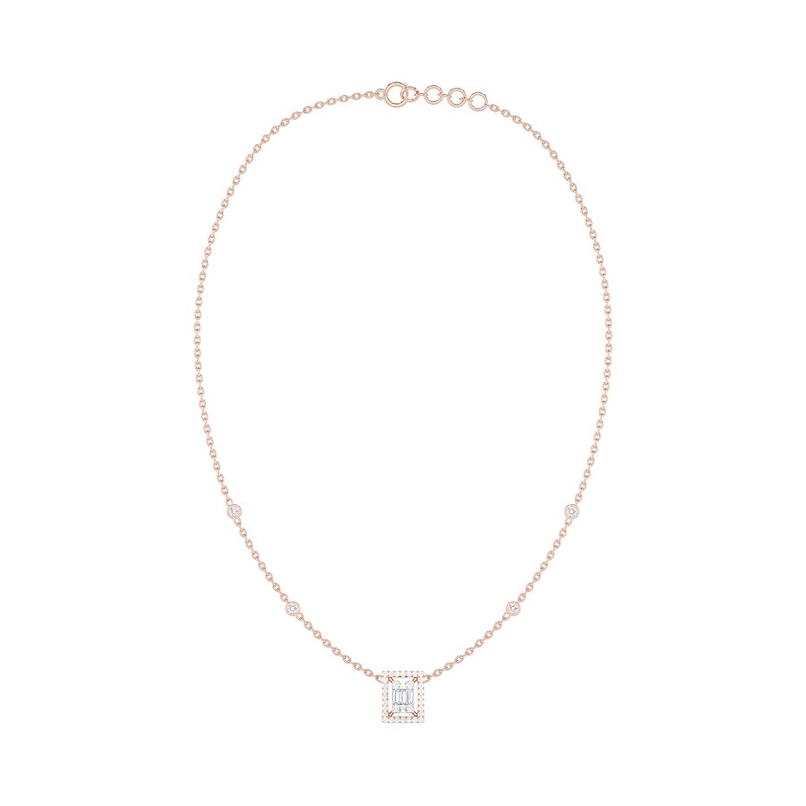 Baguette Diamond Rectangle Halo Necklace with Diamond Stations