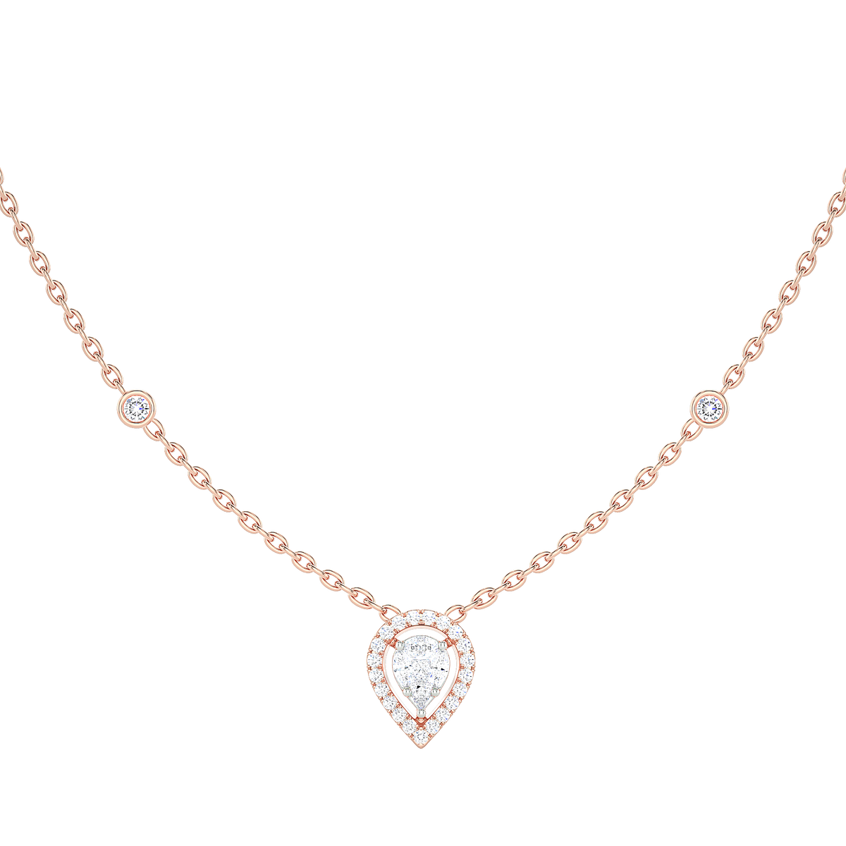 Pear Diamond Cluster Halo Necklace with Diamond Stations