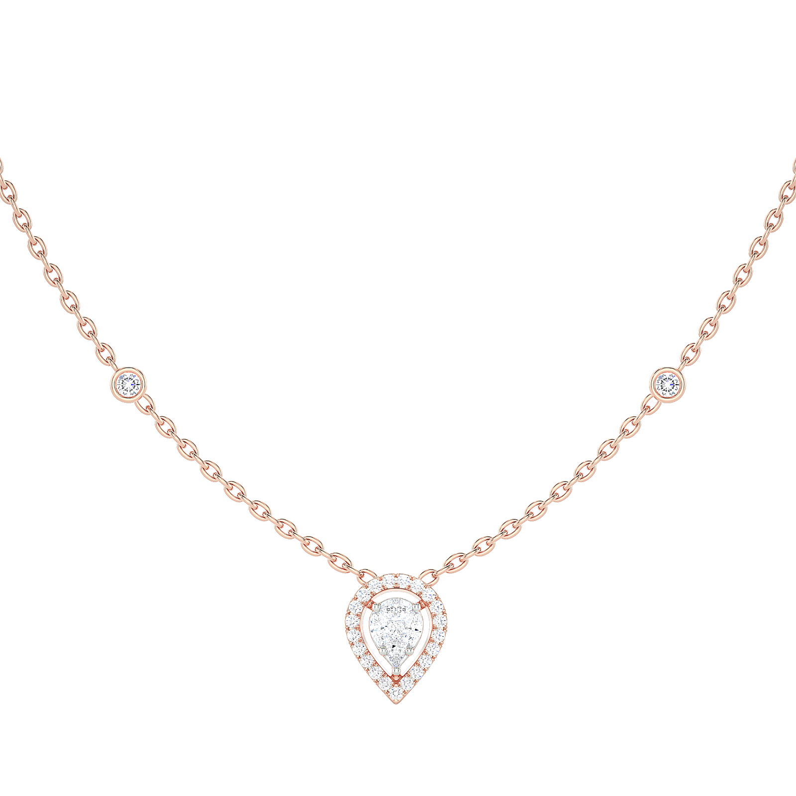 Pear Diamond Cluster Halo Necklace with Diamond Stations