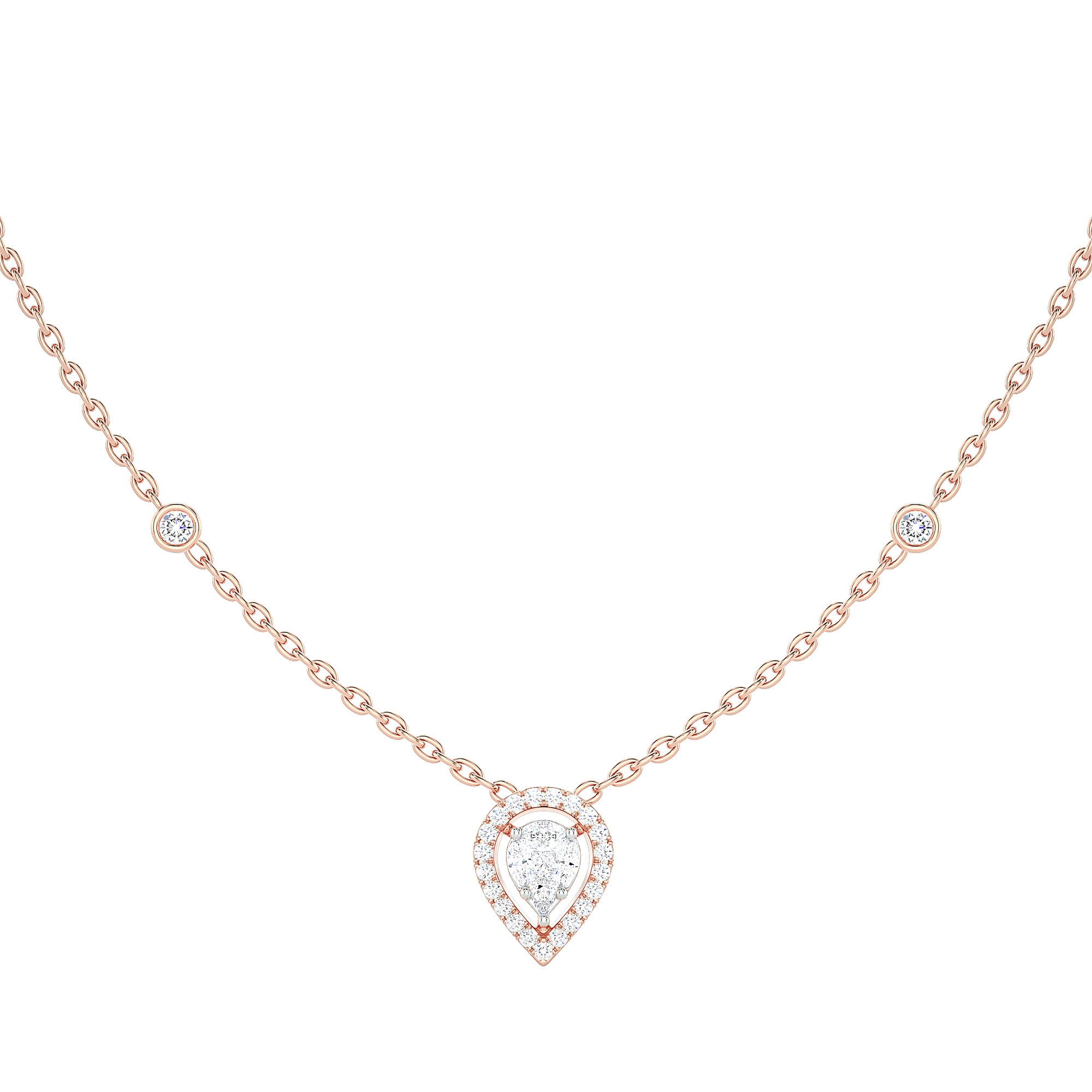 Pear Diamond Cluster Halo Necklace with Diamond Stations