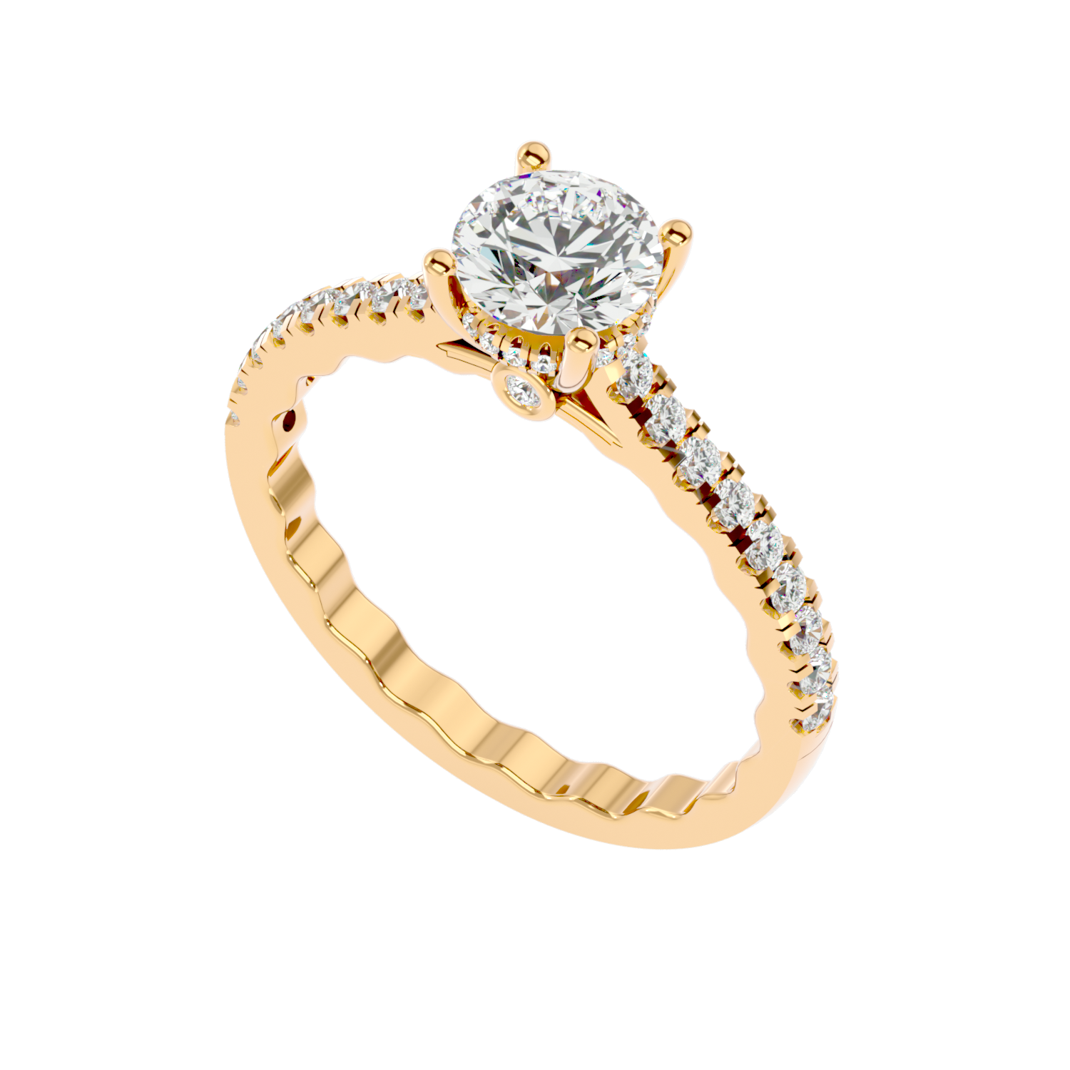 Elegant Gold Solitaire Diamond Ring with Pavé Diamond Band