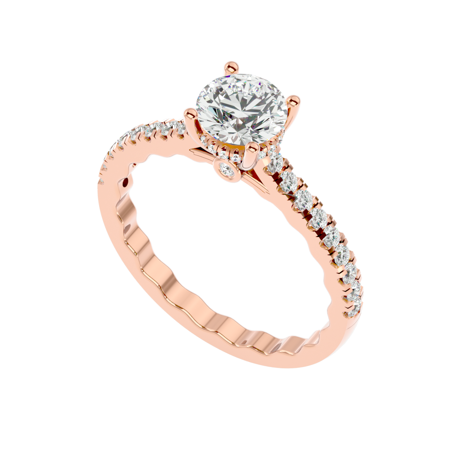 Elegant Gold Solitaire Diamond Ring with Pavé Diamond Band